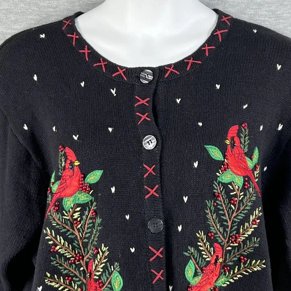VTG In Resource Woman 2XL Black Cardinal Pinecone Embroidered Cardigan Sweater - Picture 6 of 16